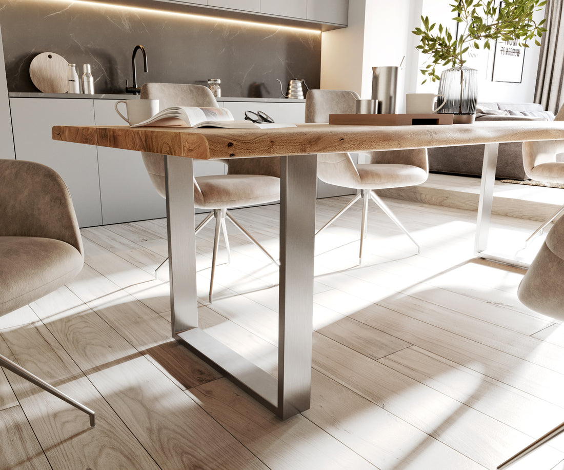 Dining Table Olympus Live Edge 260cm Acacia Wood Natural Square Frame Slim Steel 35mm Top