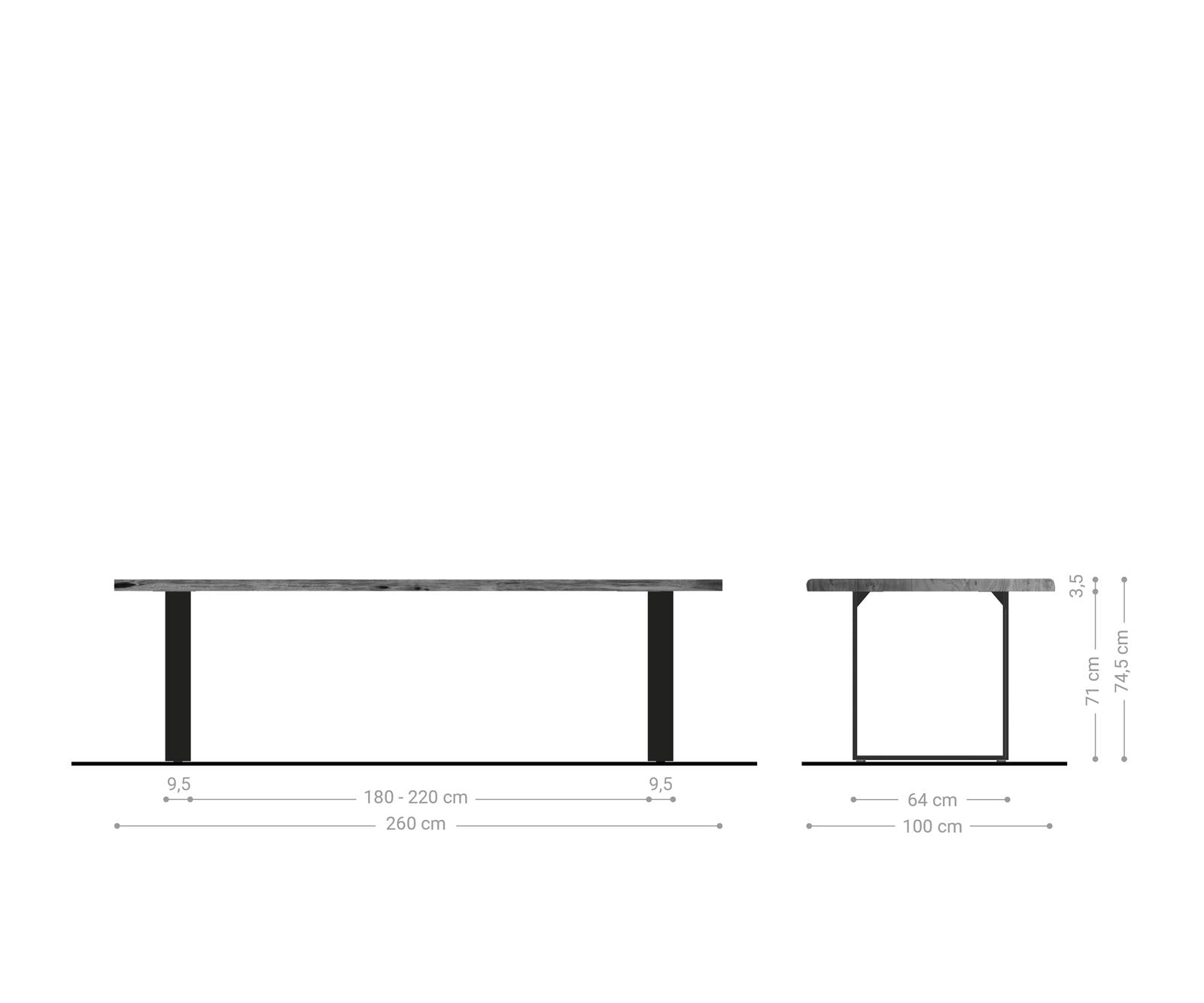 Dining Table Olympus Live Edge 260cm Acacia Wood Natural Square Frame Slim Steel 35mm Top