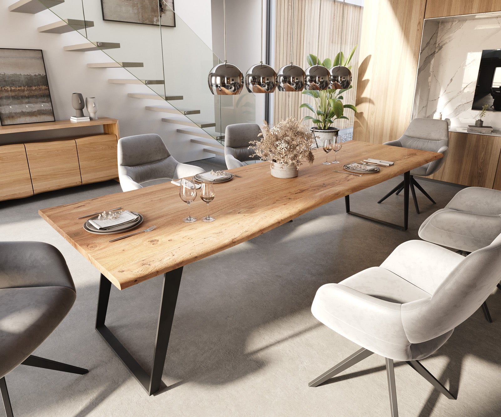 Dining Table Olympus Live Edge 300cm Acacia Wood Natural Slanted Frame Black 35mm Top