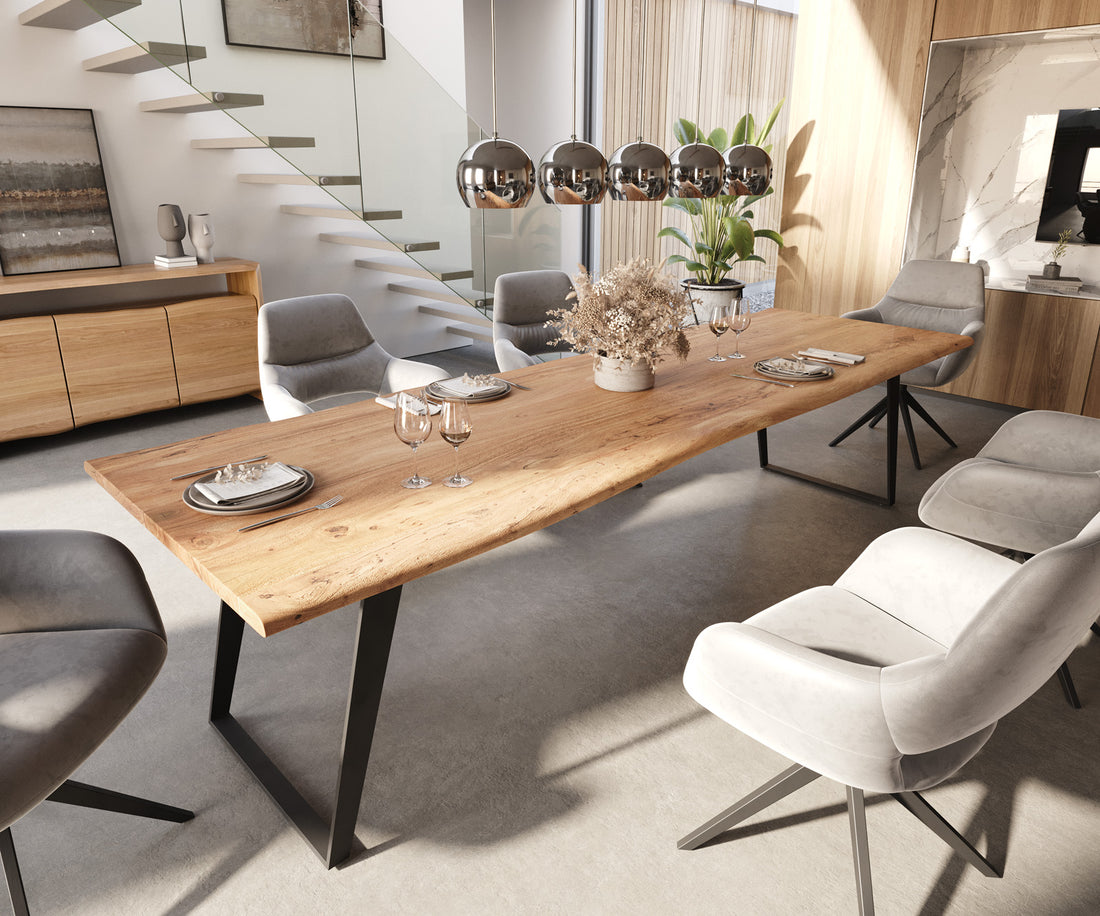 Dining Table Olympus Live Edge 300cm Acacia Wood Natural Slanted Frame Black 35mm Top
