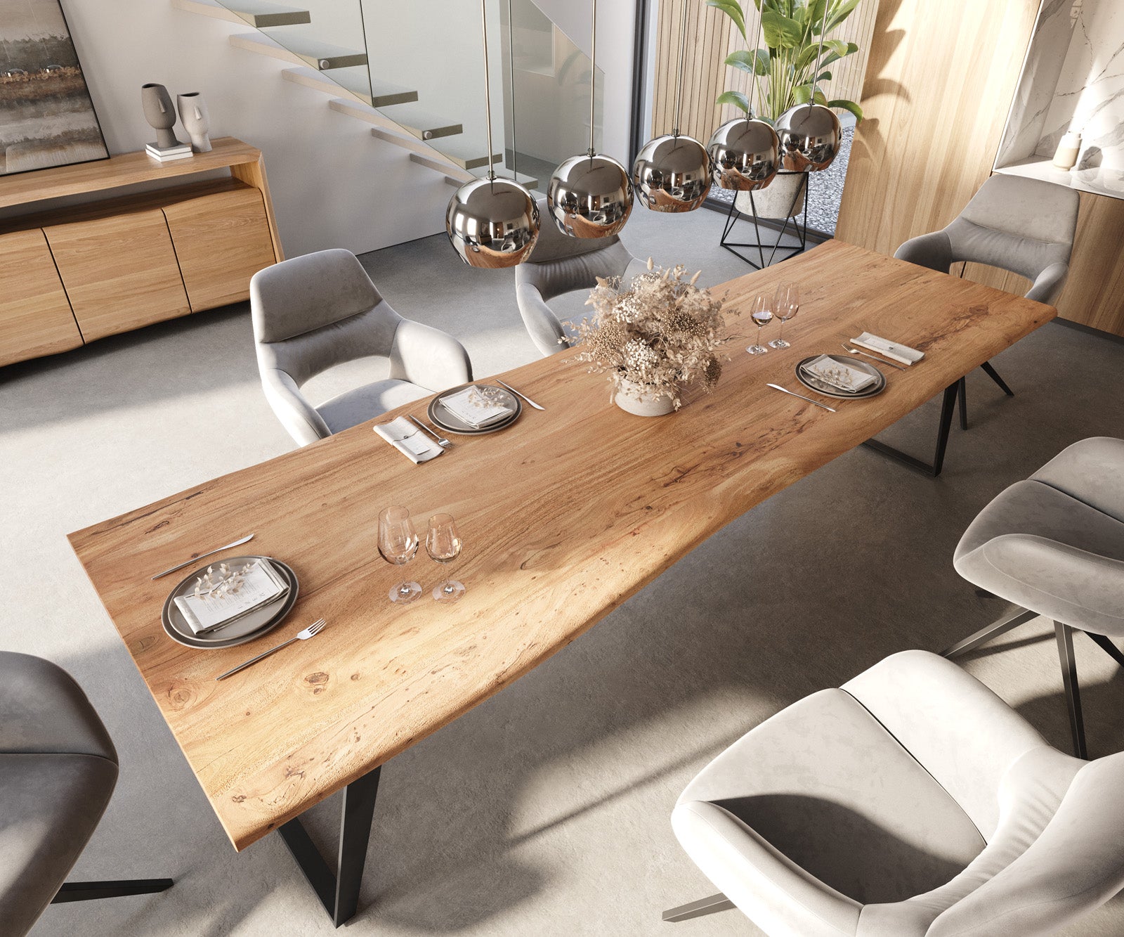 Dining Table Olympus Live Edge 300cm Acacia Wood Natural Slanted Frame Black 35mm Top