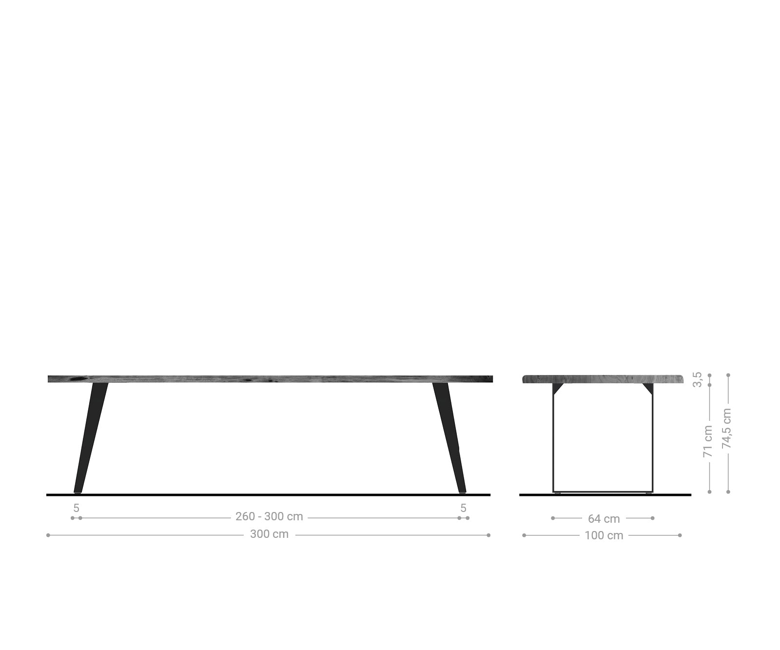 Dining Table Olympus Live Edge 300cm Acacia Wood Brown Slanted Frame Black 35mm Top