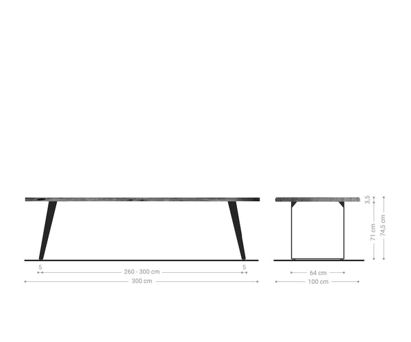 Dining Table Olympus Live Edge 300cm Acacia Wood Brown Slanted Frame Black 35mm Top