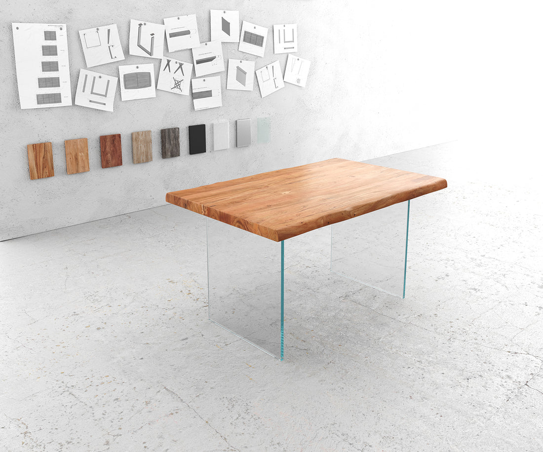 Dining Table Olympus Live Edge 140cm Acacia Wood Natural Glass Frame 55mm Top