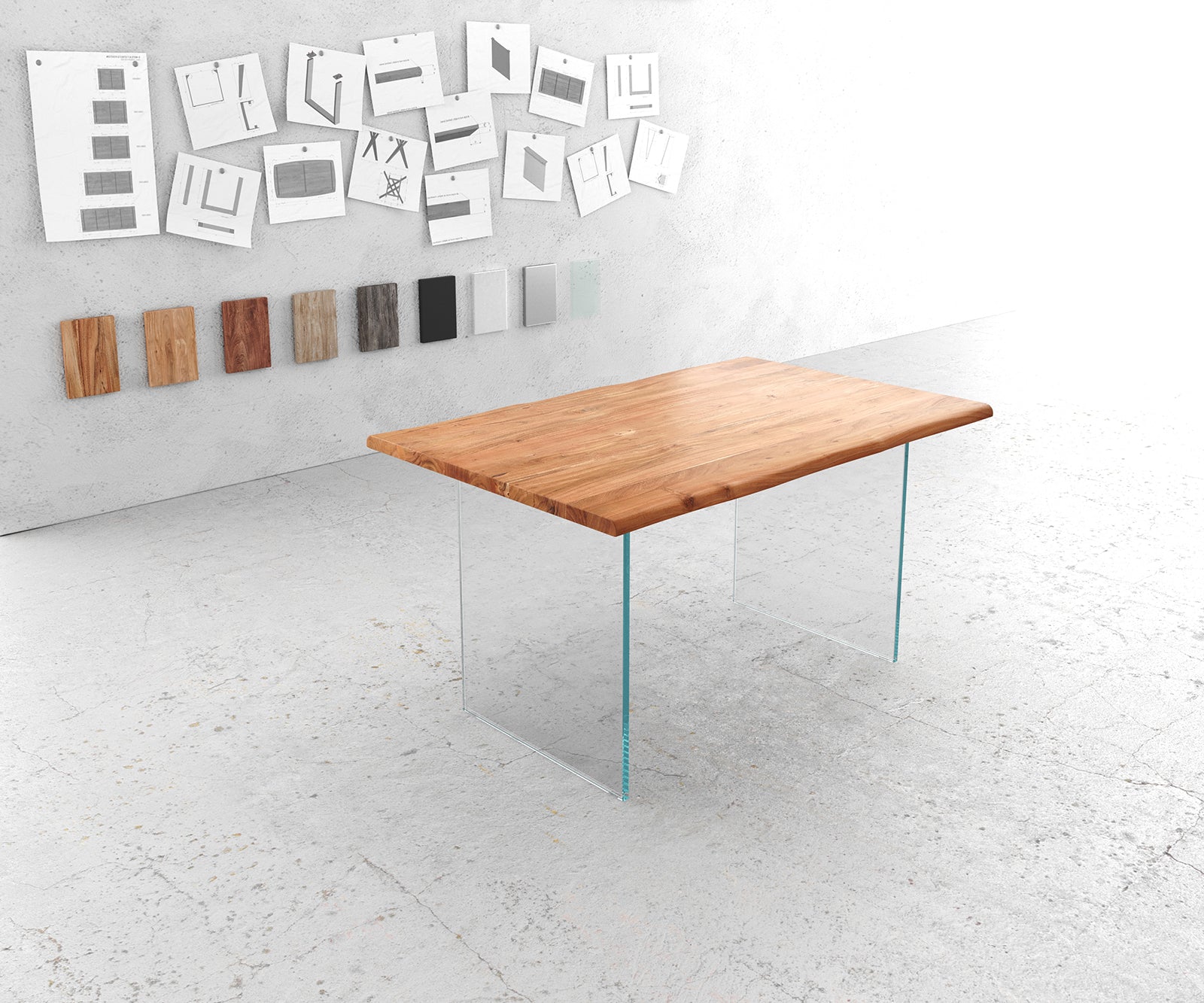 Dining Table Olympus Live Edge 140cm Acacia Wood Natural Glass Frame 35mm Top