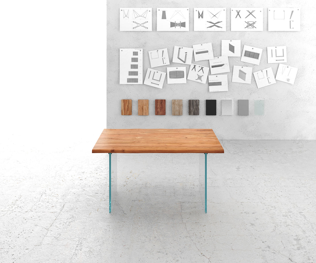 Dining Table Olympus Live Edge 140cm Acacia Wood Natural Glass Frame 35mm Top