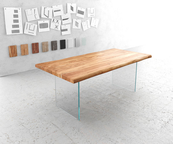 Dining Table Olympus Live Edge Acacia Wood Natural Glass Frame 140-300cm