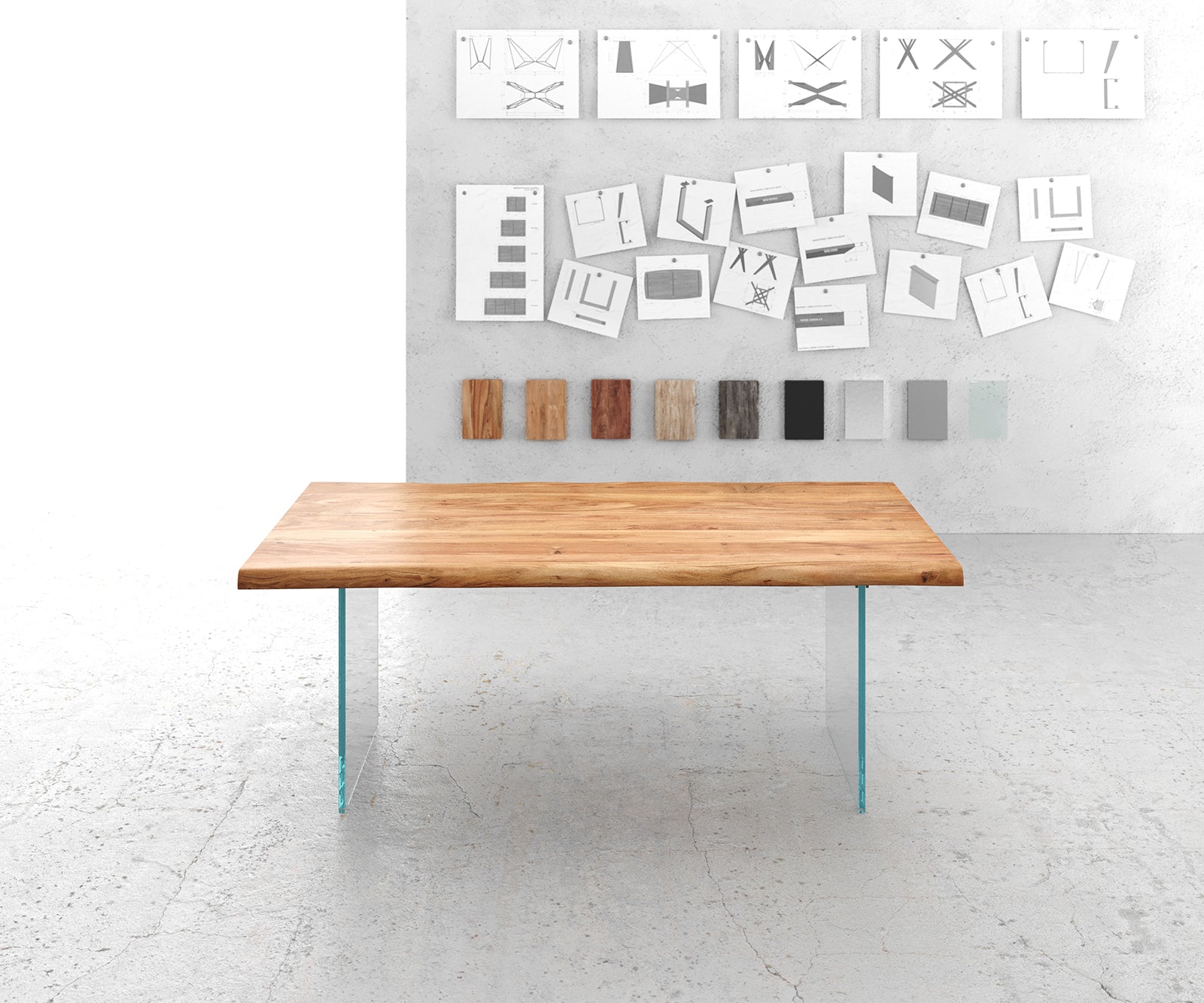 Dining Table Olympus Live Edge 200cm Acacia Wood Natural Glass Frame 55mm Top