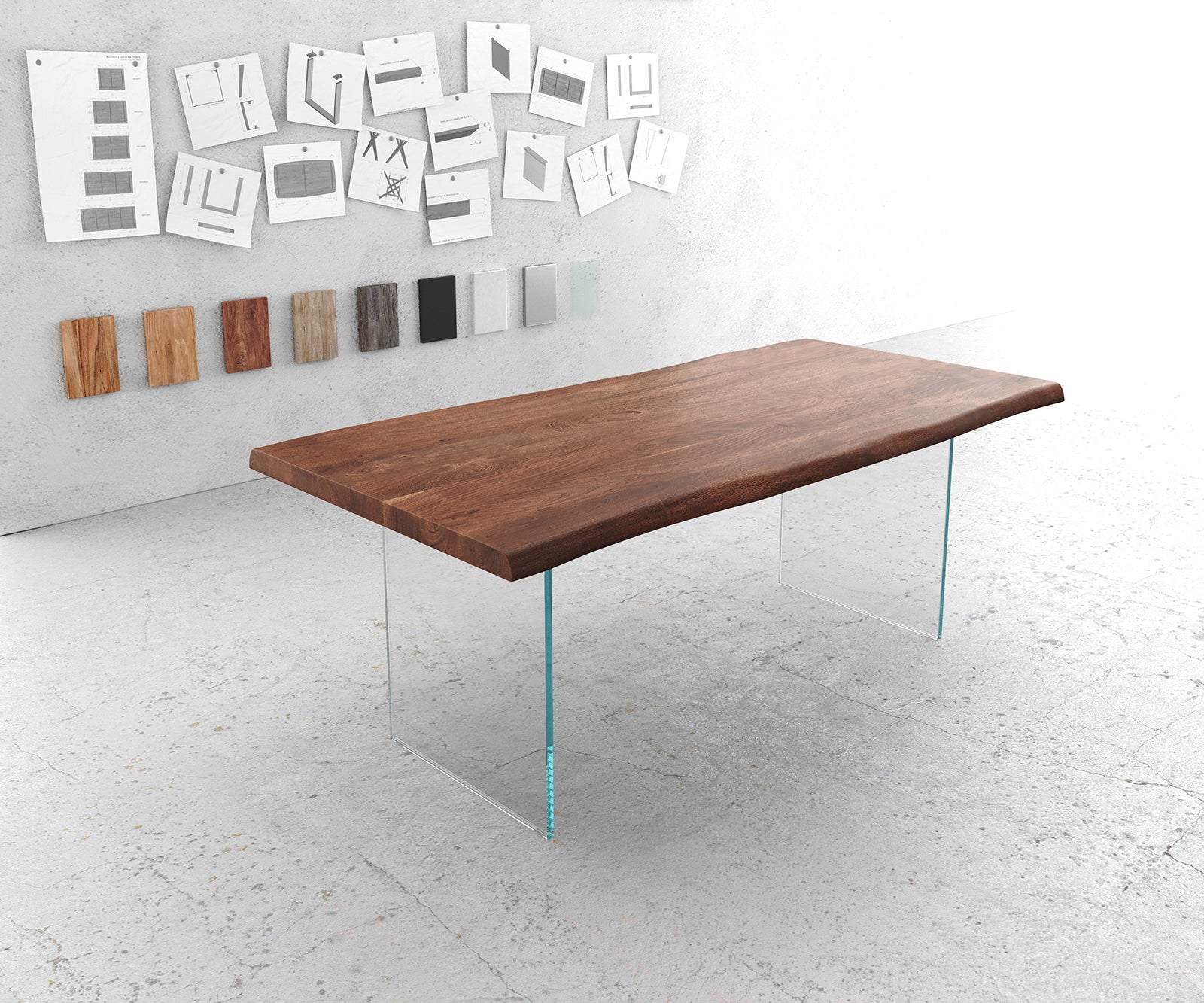 Dining Table Olympus Live Edge Acacia Wood Brown Glass Frame 180-300cm