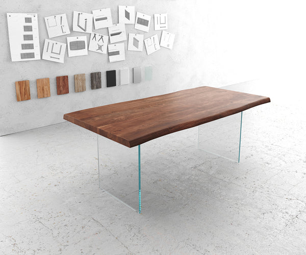Dining Table Olympus Live Edge Acacia Wood Brown Glass Frame 180-300cm