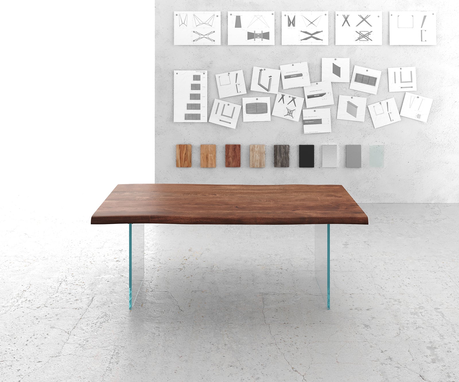 Dining Table Olympus Live Edge 200cm Acacia Wood Brown Glass Frame 55mm Top