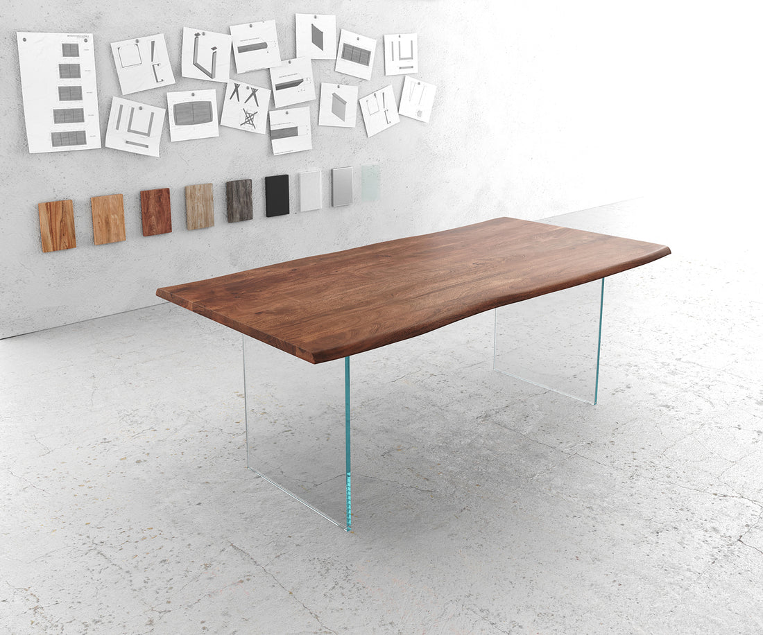 Dining Table Olympus Live-Edge 200x100cm Acacia Wood Brown Glass Frame