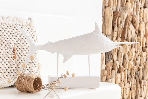 White swordfish figurine on a stand, coastal decor for modern interiors