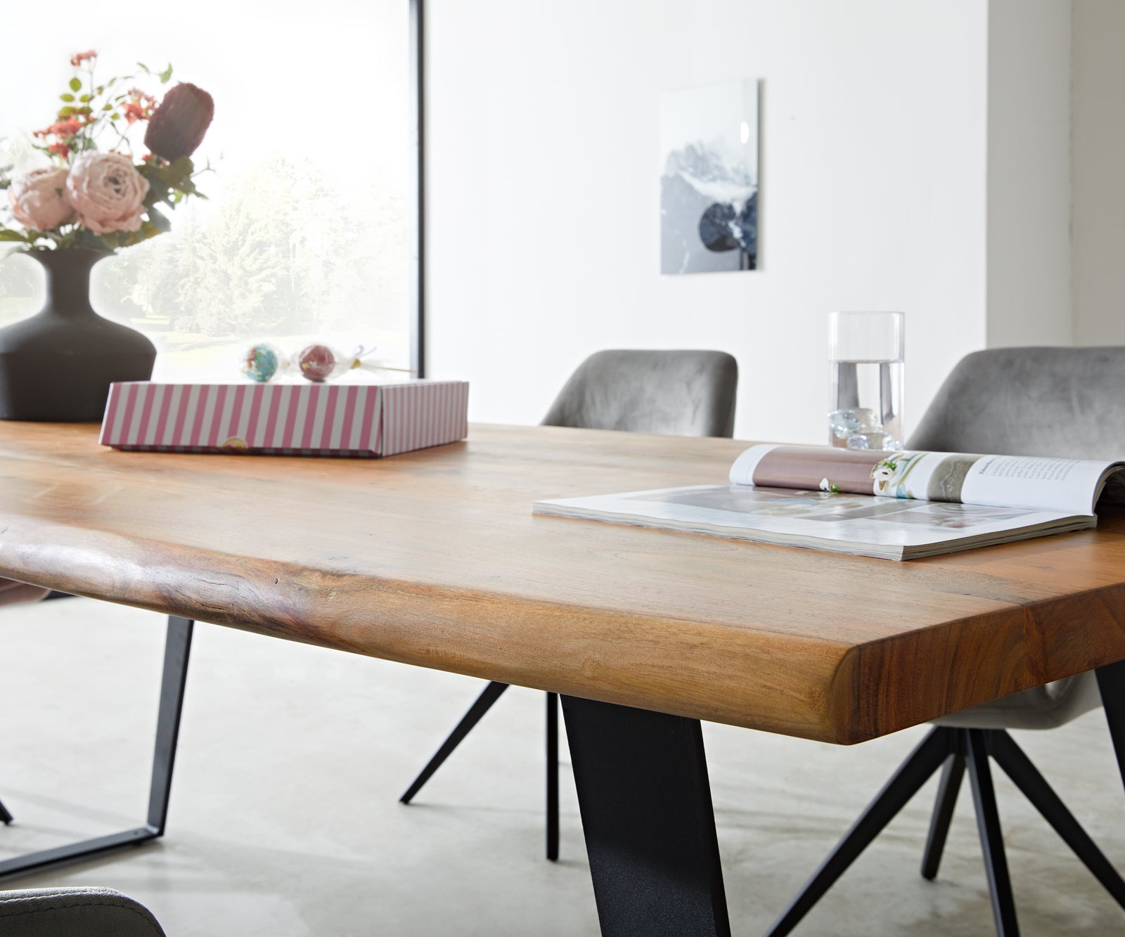 Dining Table Olympus Live Edge 180cm Acacia Wood Natural Slanted Frame Black 55mm Top