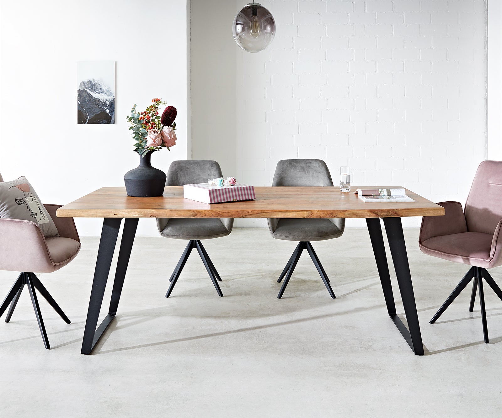 Dining Table Olympus Live Edge 180cm Acacia Wood Natural Slanted Frame Black 55mm Top
