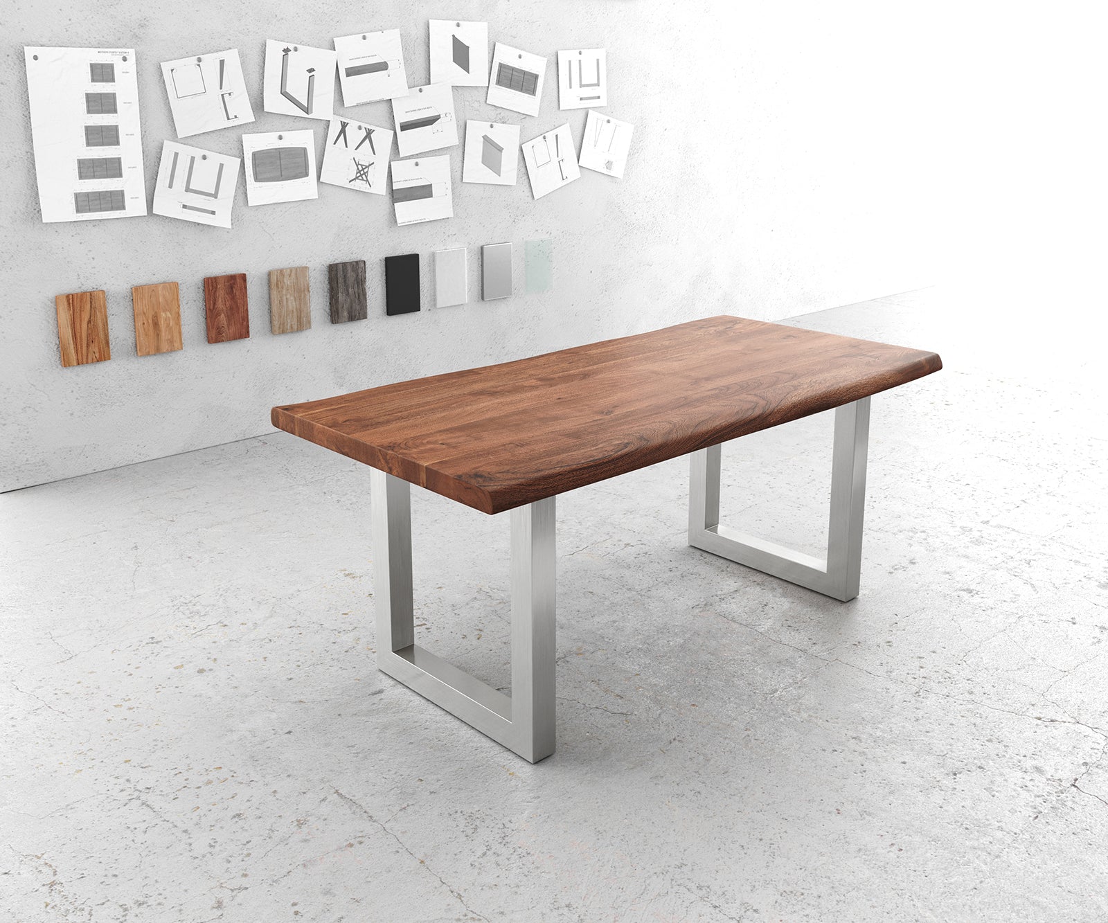Dining Table Olympus Live Edge Acacia Wood Brown Square Frame Steel 140-300cm