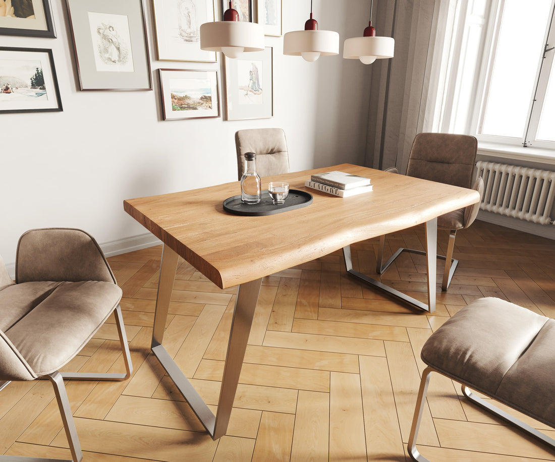 Dining Table Olympus Live Edge 140cm Acacia Wood Natural Slanted Frame Steel 55mm Top
