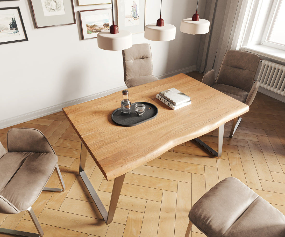 Dining Table Olympus Live Edge 140cm Acacia Wood Natural Slanted Frame Steel 55mm Top