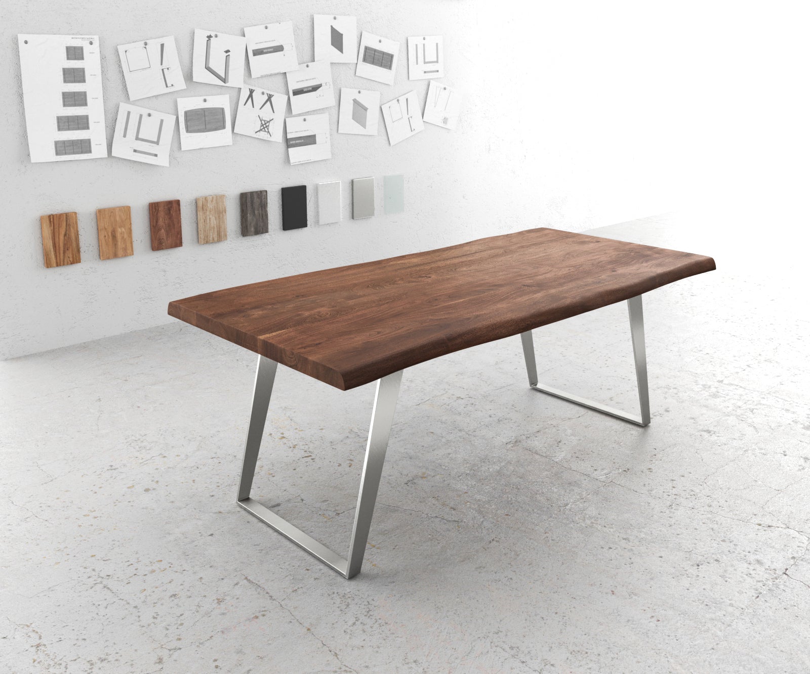 Dining Table Olympus Live Edge 200cm Acacia Wood Brown Slanted Frame Steel 55mm Top