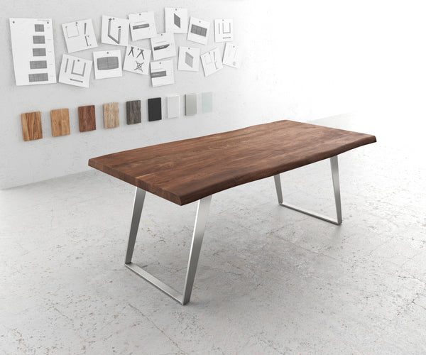 Dining Table Olympus Live Edge 200cm Acacia Wood Brown Slanted Frame Steel 55mm Top