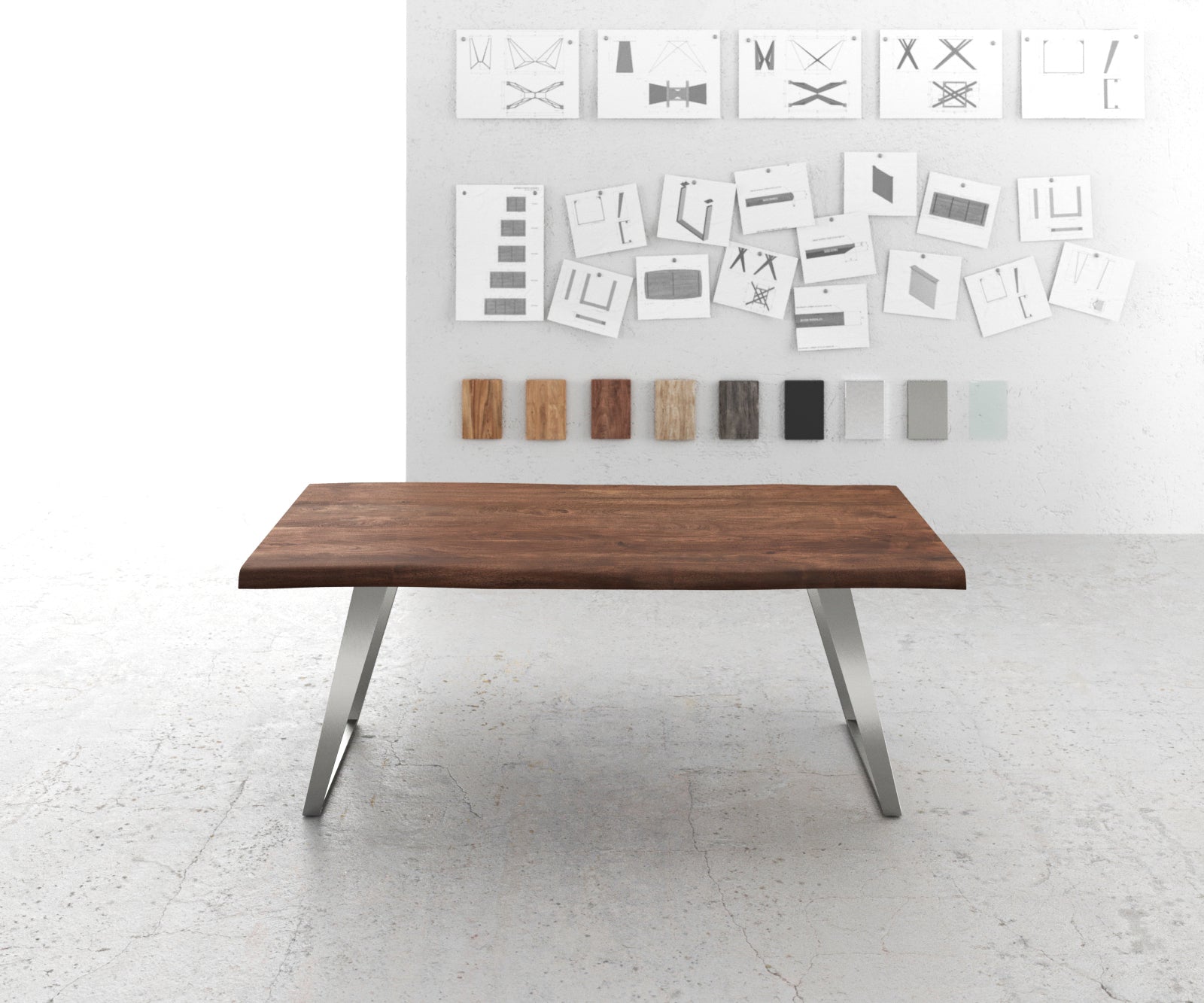 Dining Table Olympus Live Edge 200cm Acacia Wood Brown Slanted Frame Steel 55mm Top
