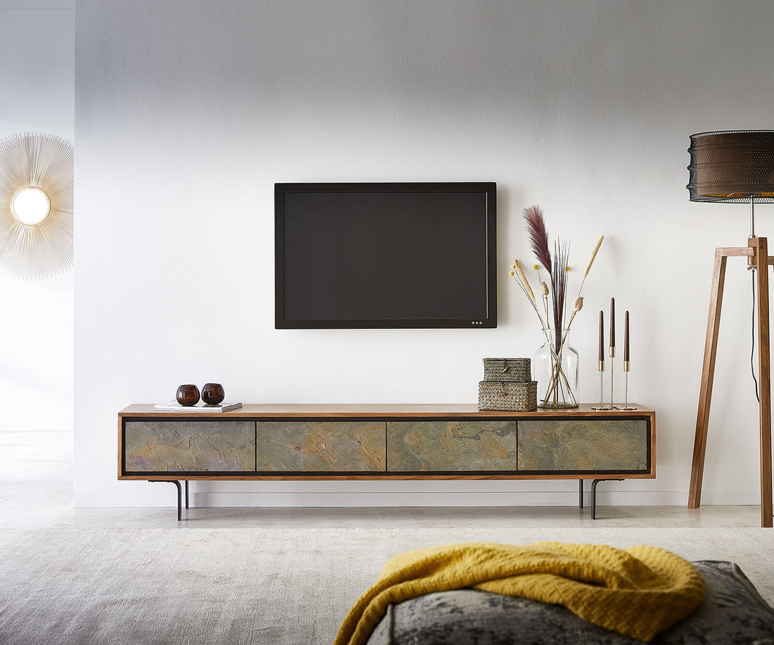 TV Stand Juwelo 200cm 4 Doors Acacia Wood Natural With Stone Veneer