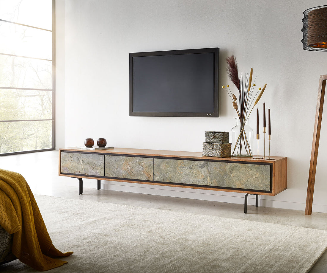 TV Stand Juwelo 200cm 4 Doors Acacia Wood Natural With Stone Veneer