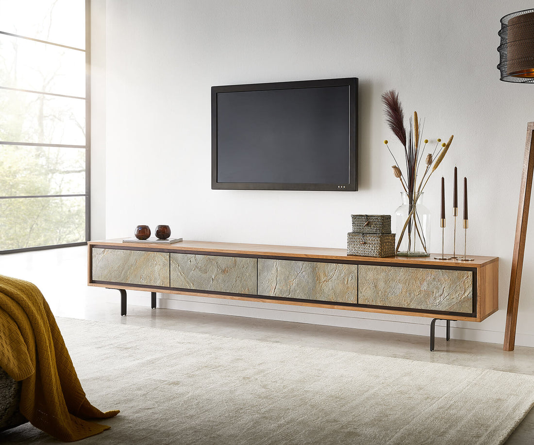 TV Stand Juwelo 220cm 4 Doors Acacia Wood Natural With Stone Veneer