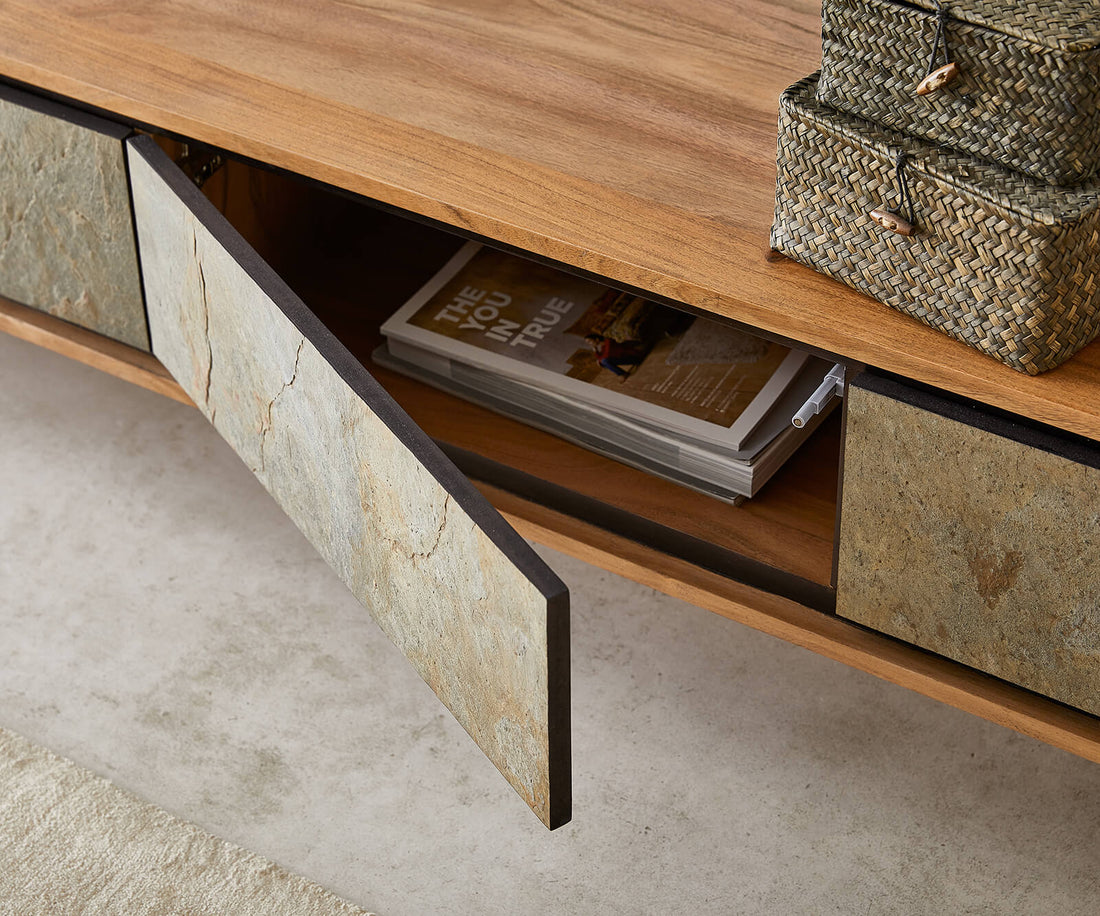 TV Stand Juwelo 220cm 4 Doors Acacia Wood Natural With Stone Veneer
