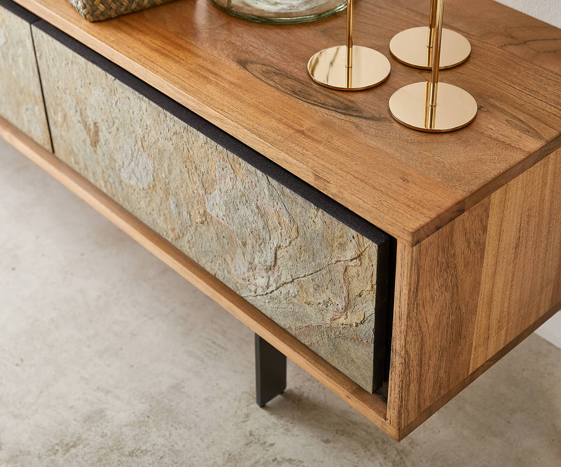 TV Stand Juwelo 220cm 4 Doors Acacia Wood Natural With Stone Veneer