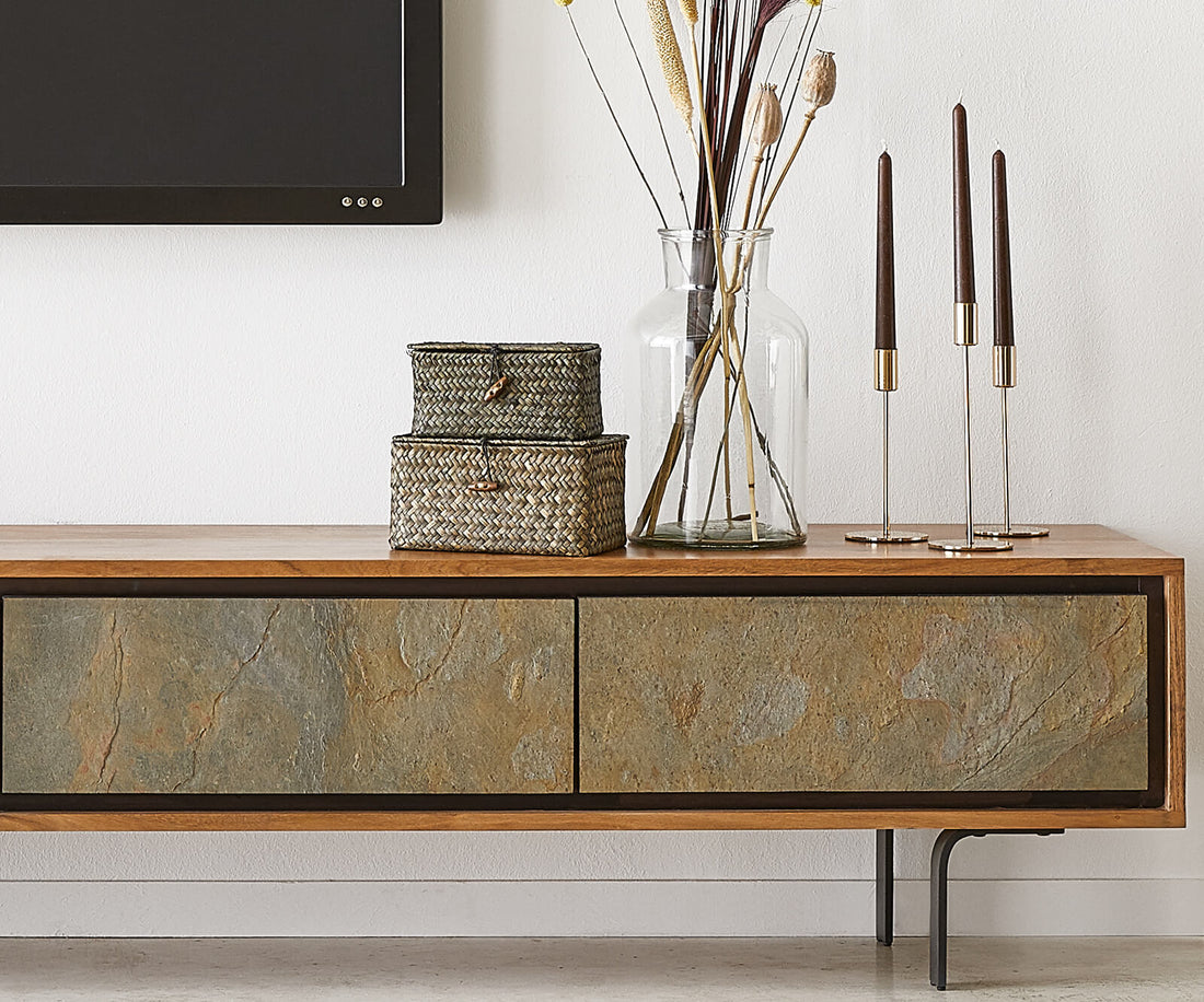 TV Stand Juwelo 220cm 4 Doors Acacia Wood Natural With Stone Veneer