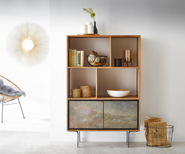 Display Cabinet Juwelo 88x135cm Acacia Wood Natural Stone Veneer