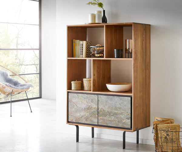 Display Cabinet Juwelo 88x135cm Acacia Wood Natural Stone Veneer