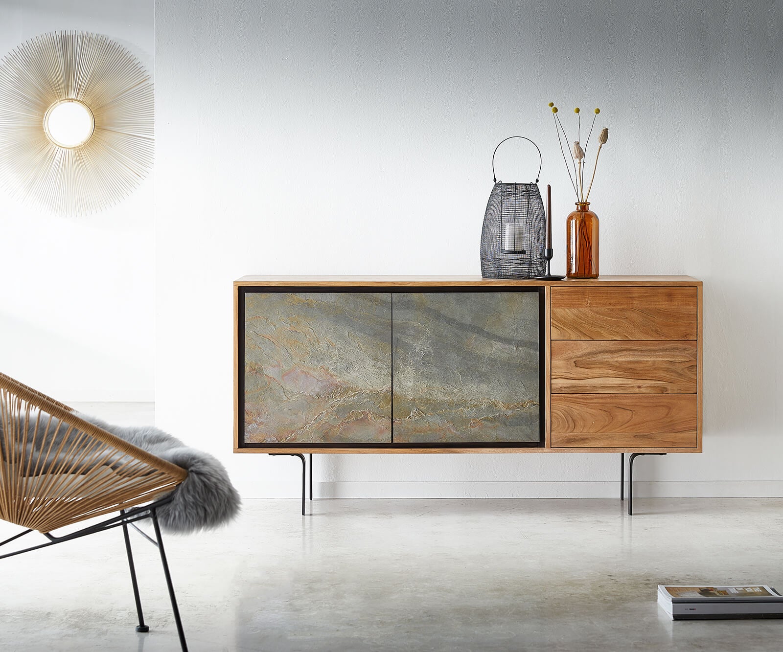 Sideboard Juwelo 150cm 2 Doors 3 Drawers Acacia Wood Natural Stone Veneer