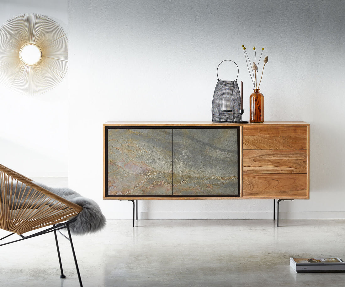 Sideboard Juwelo 150cm 2 Doors 3 Drawers Acacia Wood Natural Stone Veneer