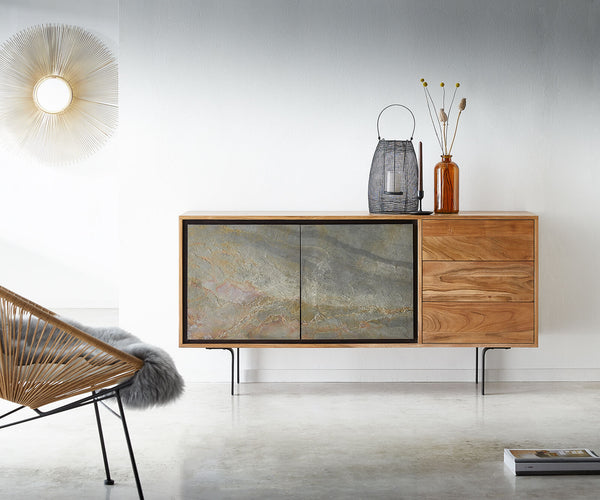 Sideboard Juwelo 150cm 2 Doors 3 Drawers Acacia Wood Natural Stone Veneer
