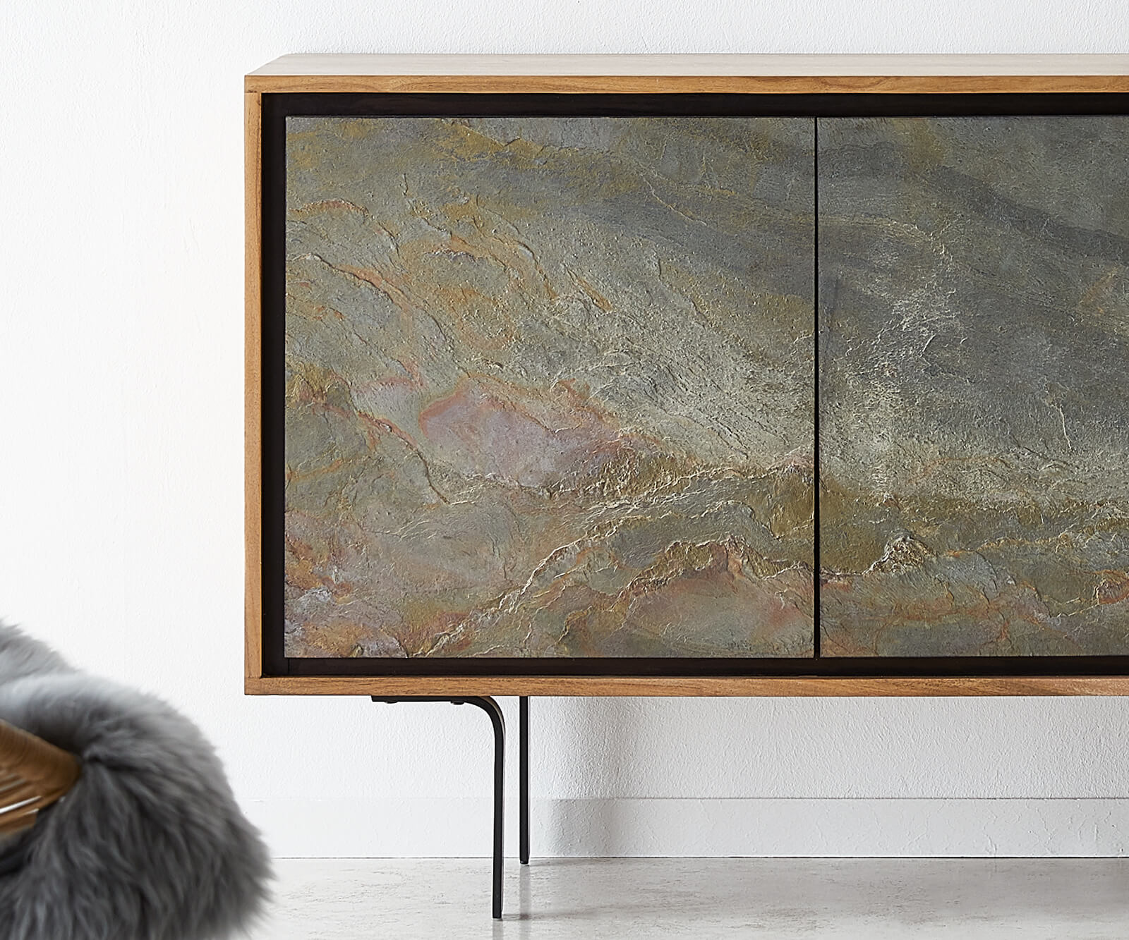 Sideboard Juwelo 150cm 2 Doors 3 Drawers Acacia Wood Natural Stone Veneer