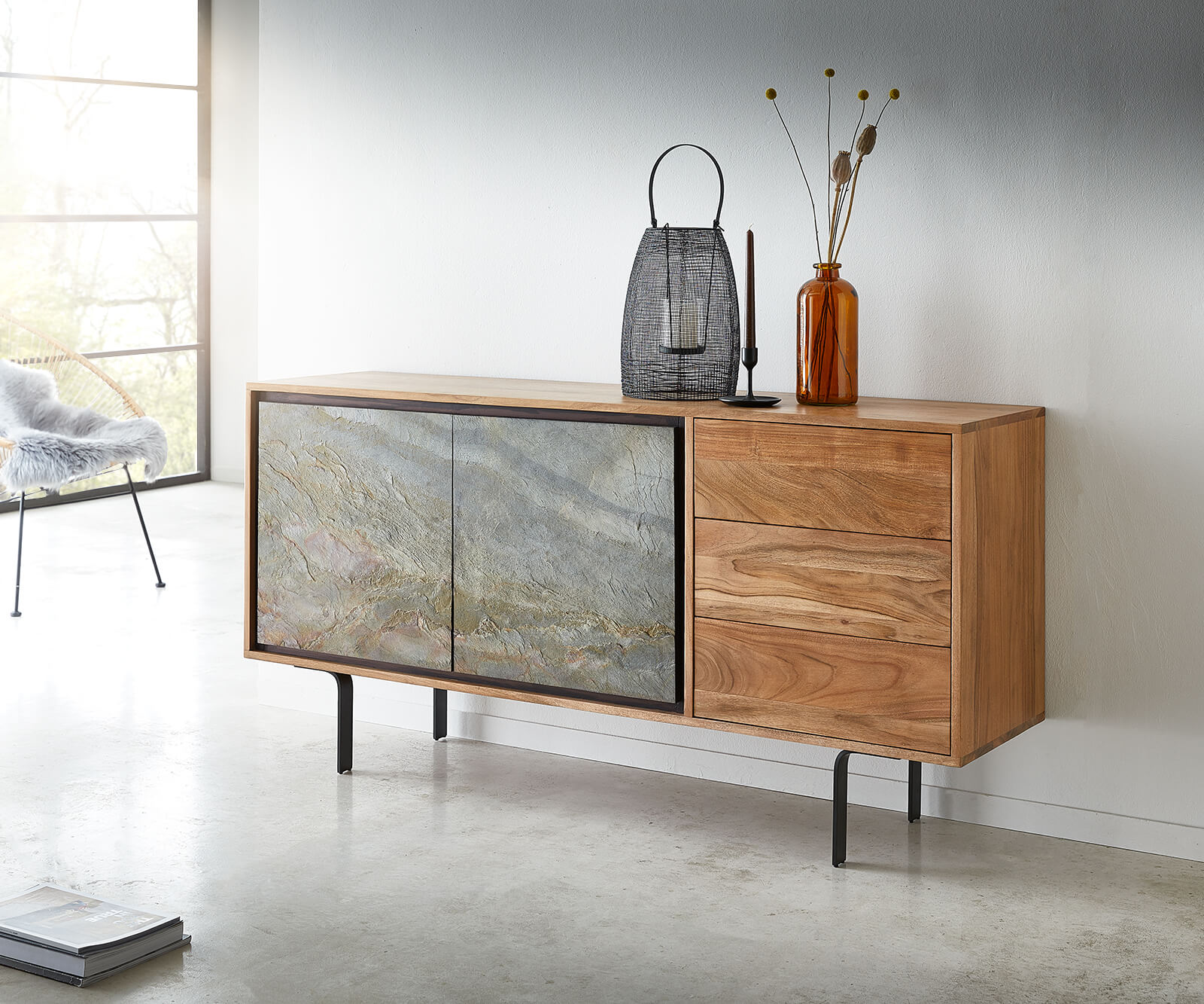 Sideboard Juwelo 150cm 2 Doors 3 Drawers Acacia Wood Natural Stone Veneer