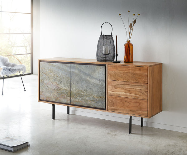 Sideboard Juwelo 150cm 2 Doors 3 Drawers Acacia Wood Natural Stone Veneer