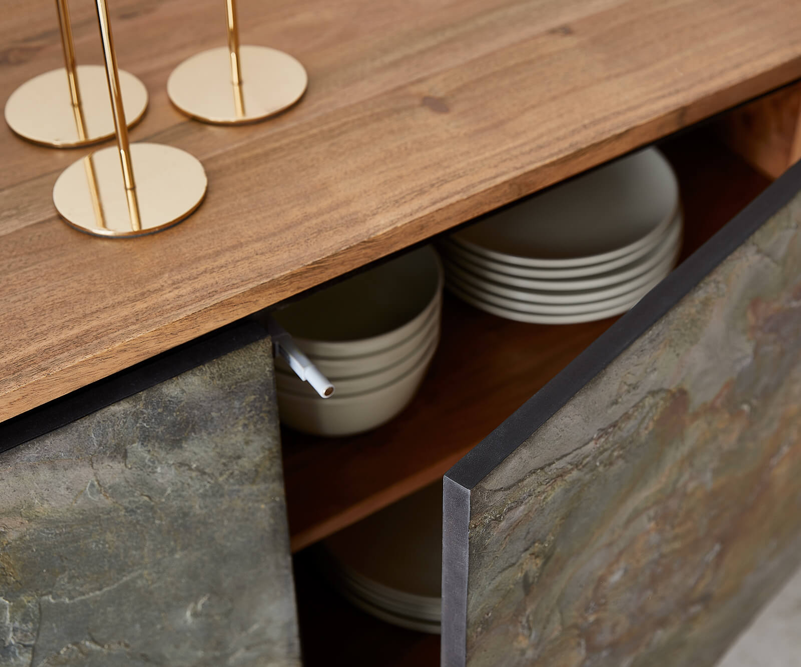 Sideboard Juwelo 175cm 2 Doors 3 Drawers Acacia Wood Natural Stone Veneer