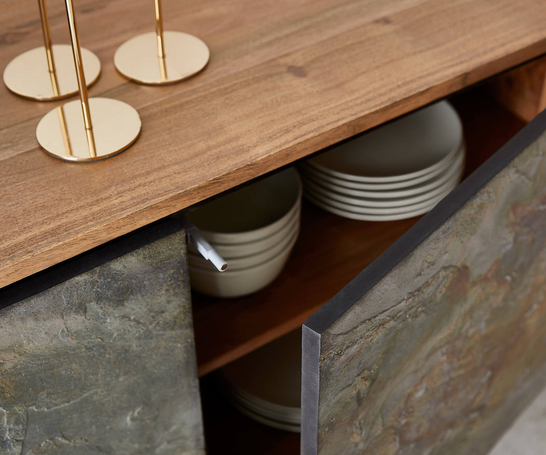 Sideboard Juwelo 175cm 2 Doors 3 Drawers Acacia Wood Natural Stone Veneer