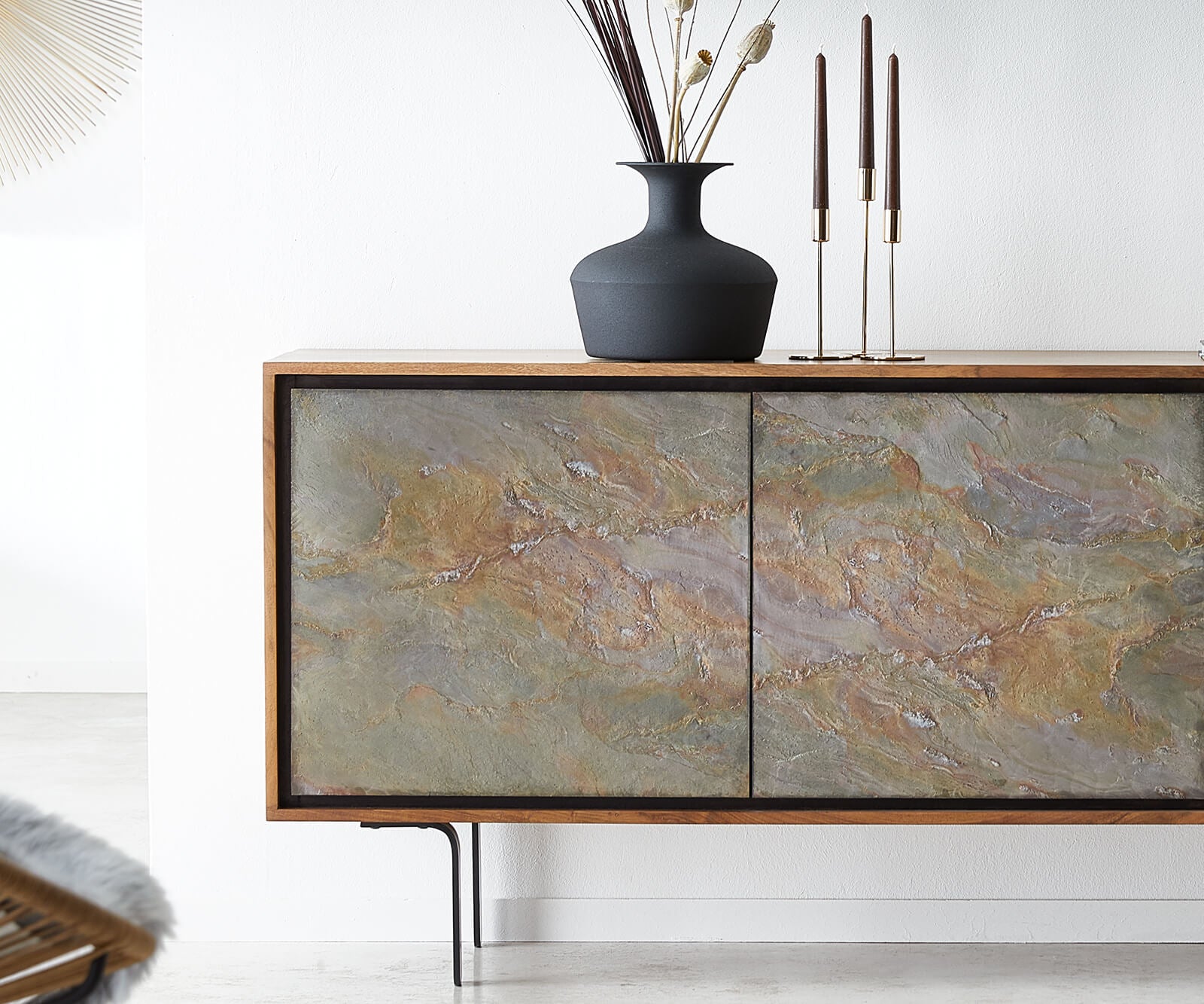 Sideboard Juwelo 175cm 2 Doors 3 Drawers Acacia Wood Natural Stone Veneer