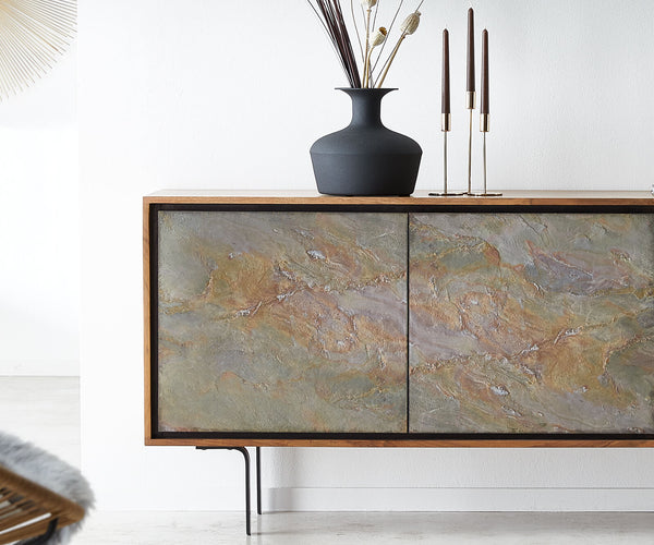 Sideboard Juwelo 175cm 2 Doors 3 Drawers Acacia Wood Natural Stone Veneer