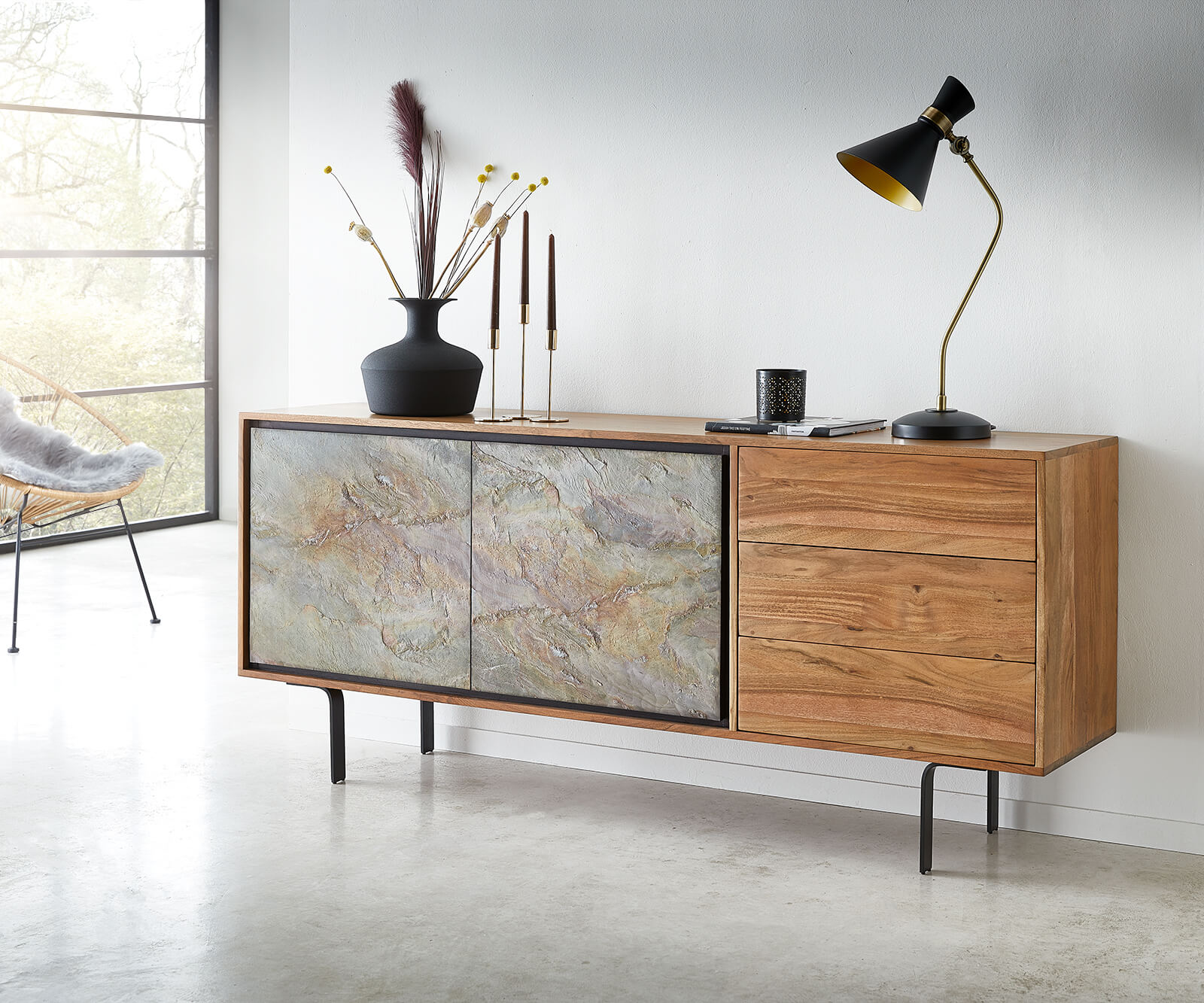 Sideboard Juwelo 175cm 2 Doors 3 Drawers Acacia Wood Natural Stone Veneer