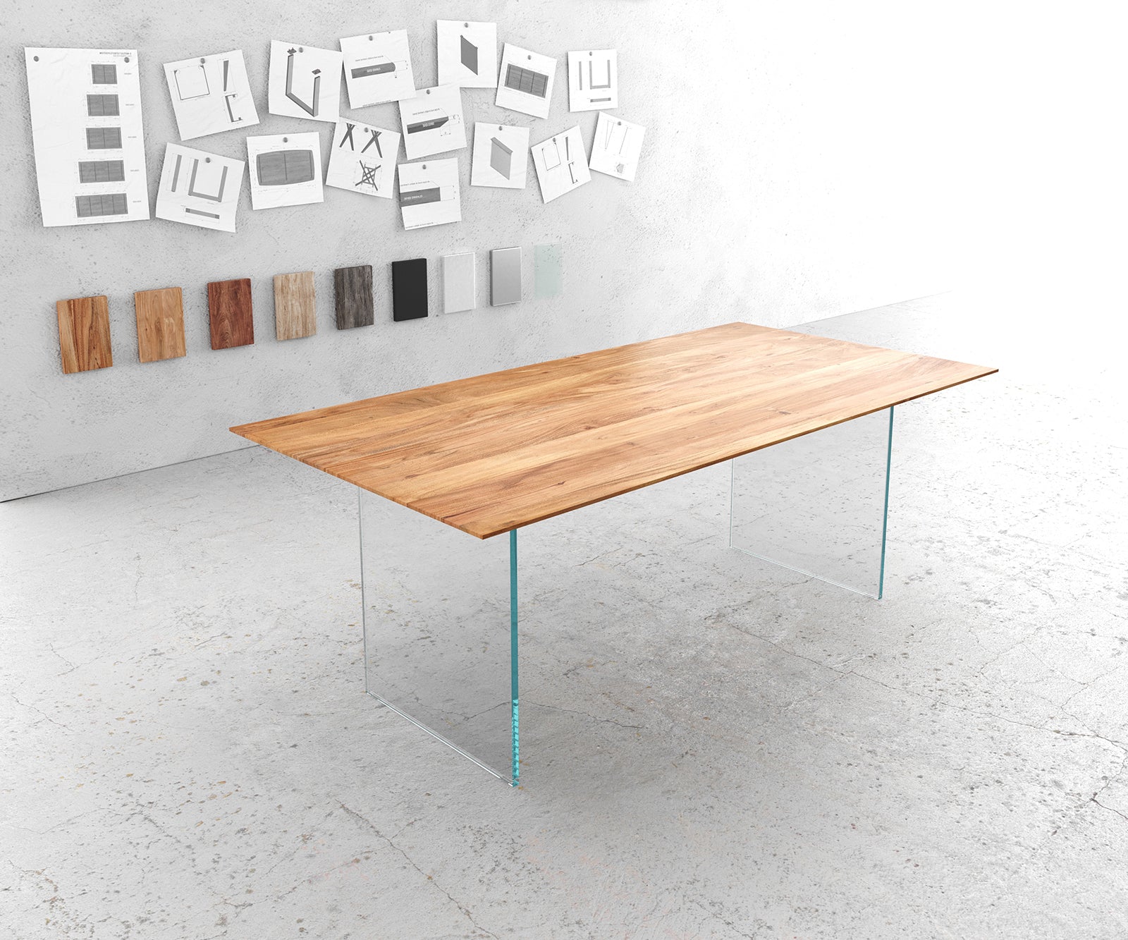 Dining Table Olympus 200x100cm Acacia Wood Natural Glass Frame