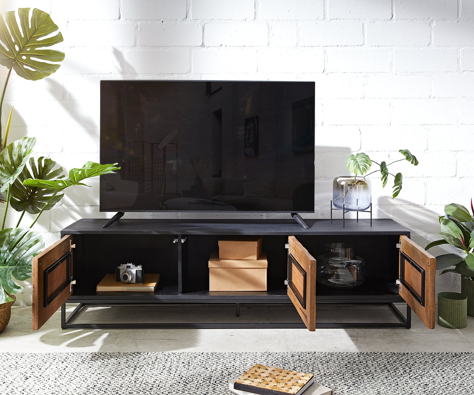 TV Stand Famke 145cm Mango Wood 3 Doors