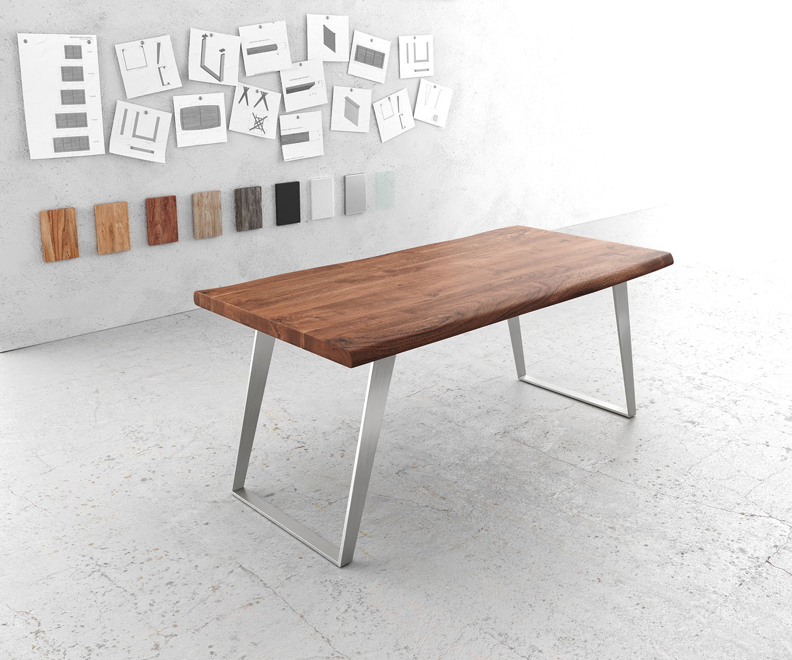 Dining Table Olympus Live Edge 180cm Acacia Wood Brown Slanted Frame Steel 55mm Top