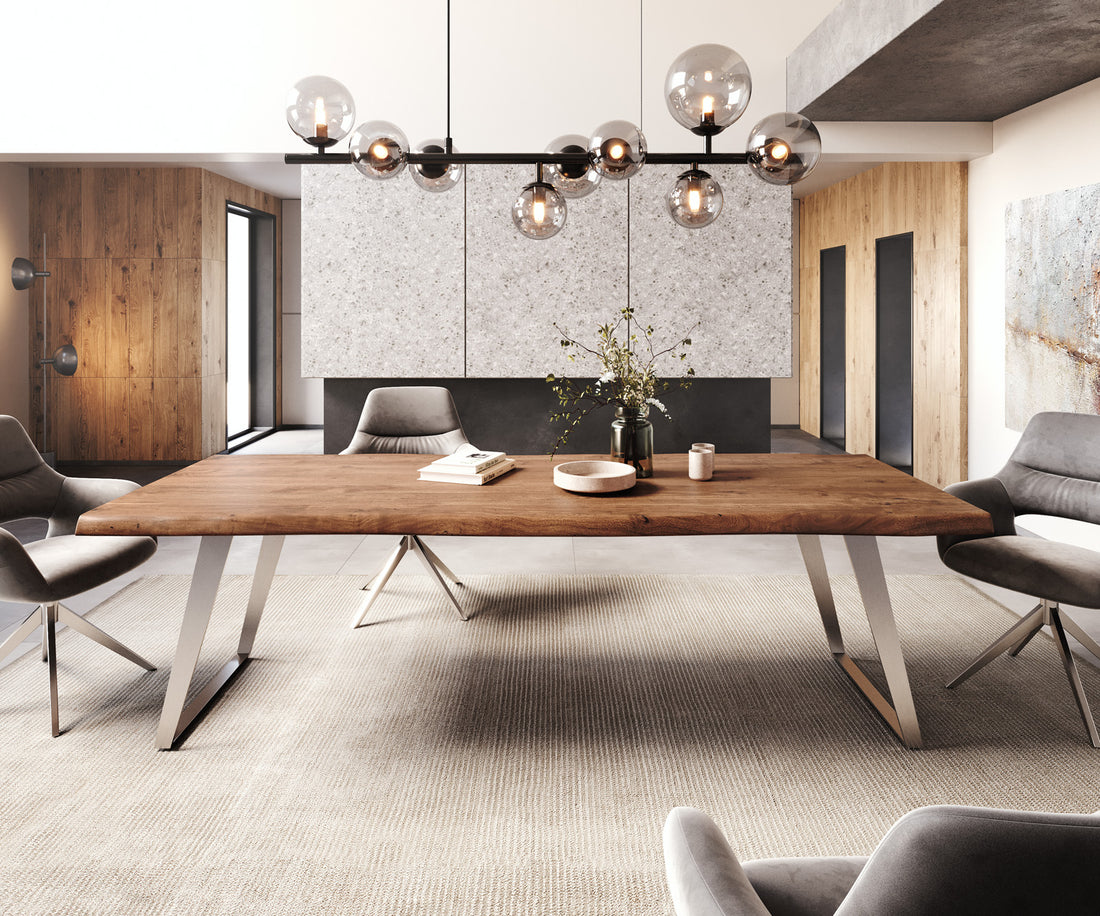 Dining Table Olympus Live Edge 260cm Acacia Wood Brown Slanted Frame Steel 55mm Top