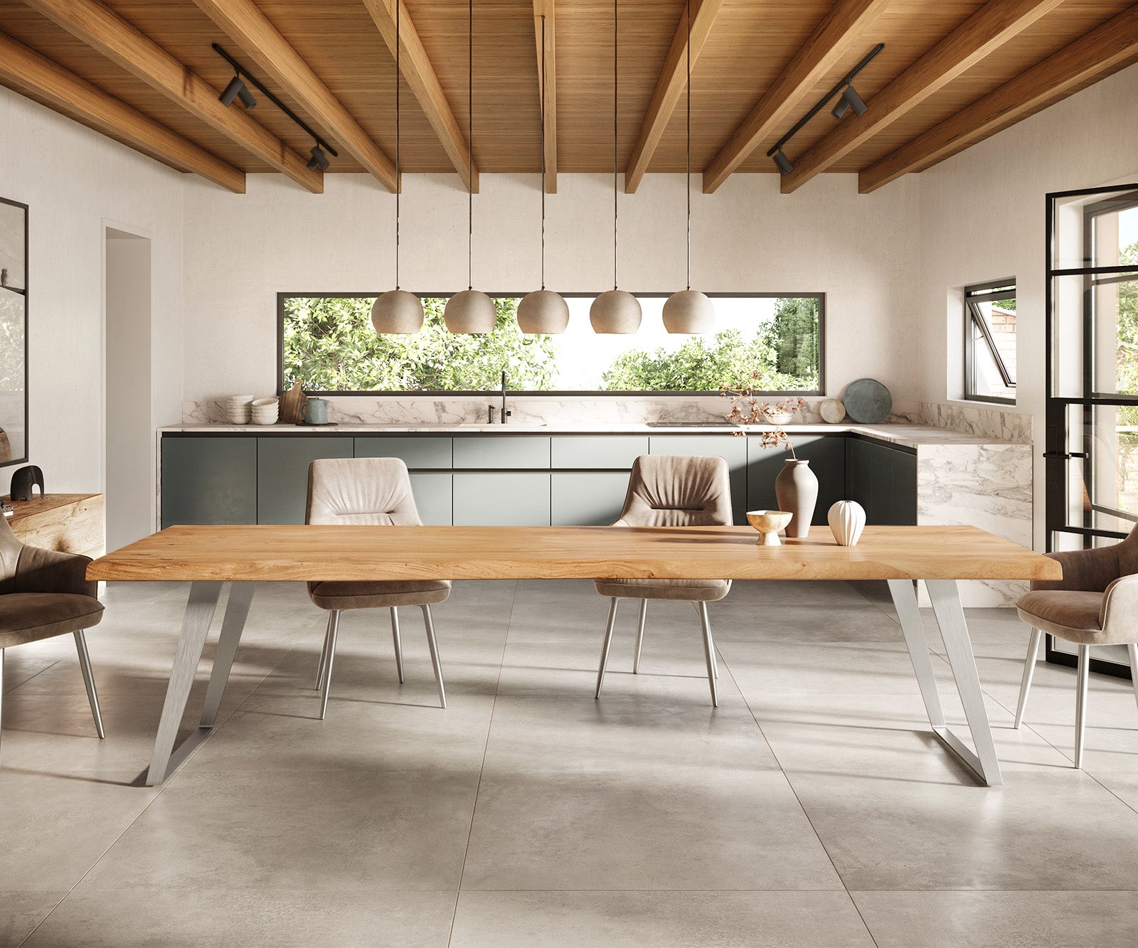 Dining Table Olympus Live Edge 300cm Acacia Wood Natural Slanted Frame Steel 55mm Top