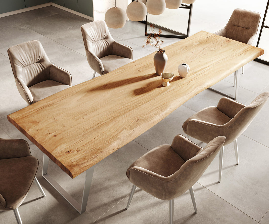 Dining Table Olympus Live Edge 300cm Acacia Wood Natural Slanted Frame Steel 55mm Top